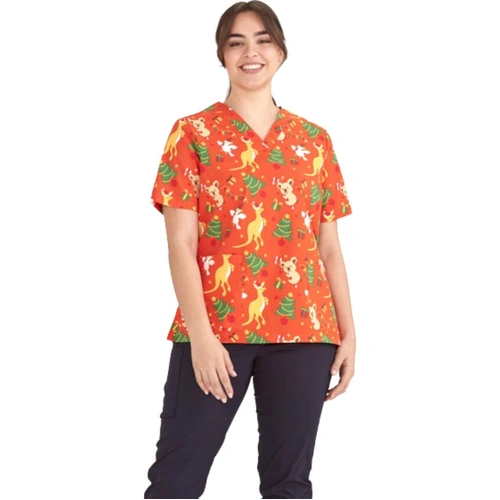 Hip Pocket Workwear - Ladies Short Sleeve Christmas Scrub Top