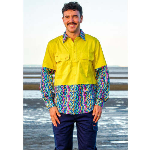 Hip Pocket Workwear - MENS SPACE WEAVE HI VIS YELLOW DAY ONLY WORKSHIRT